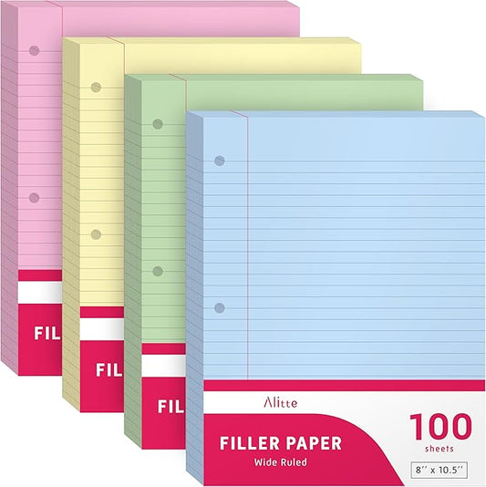 Colored Loose Leaf Paper, Wide Ruled, 400 Sheets (100/Pack) Filler Paper for Writing Notes - School, College, Office - 3 Hole-Punch Lined Sheets for Ring Binders, Pocket Folders - 8 x 10.5