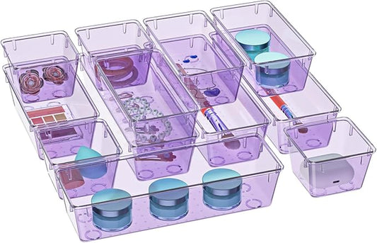 WOWBOX 12 Pack Clear Drawer Organizer Set, Acrylic Drawer Storage Trays, Storage Bins for Makeup, Cosmetics, Jewelries, Utensils, Gadgets, Office, Purple
