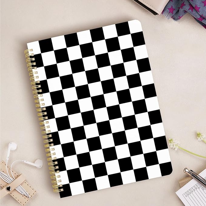 Cute Spiral Notebook journal A4 Aesthetic Pretty Design for Women Girls Kawaii with Pocket, 8.5 x 11 inch, Lined, Black Plaid