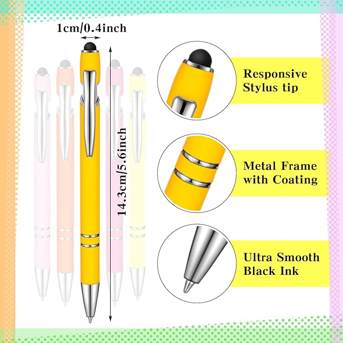 Zonon 38 Pieces Rubberized Ballpoint Pen with Stylus Tip Stylish Metal Pen Capactive Styli with Soft Rubberized Grip, Black Ink for Most Devices(Assorted Colors)