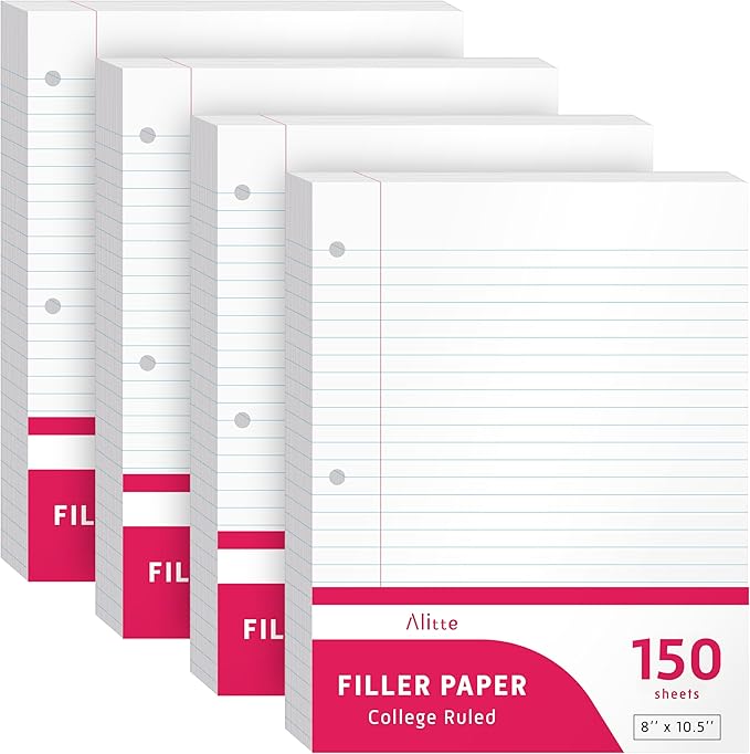 Loose Leaf Paper, College Ruled, 600 Sheets (150/Pack) Filler Paper for Writing Notes - School, College, Office 3 Hole-Punch Lined Sheets for Ring Binders, Pocket Folders - White, 8 x 10.5
