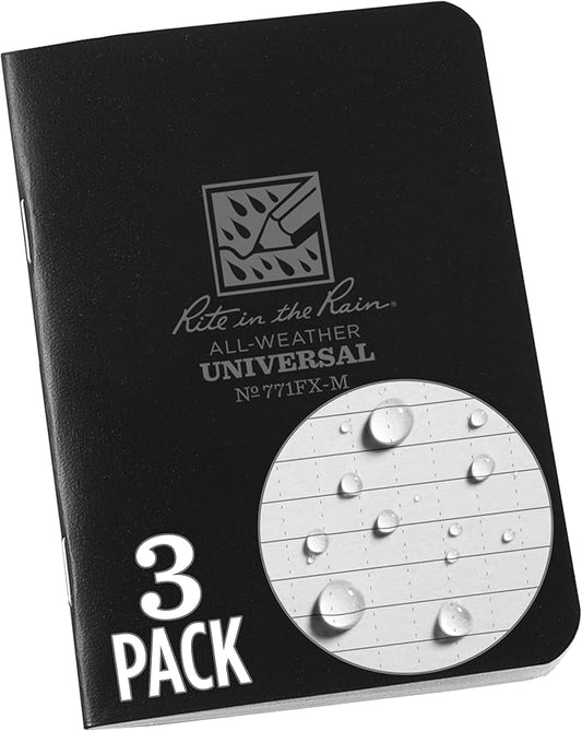 Rite in the Rain Weatherproof Mini-Stapled Notebook, 3 1/4" x 4 5/8", Black Cover, Universal Pattern, 3 Pack (No. 771FX-M)