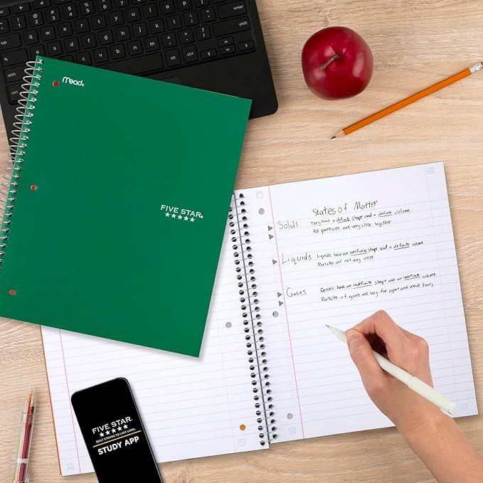 Five Star Spiral Notebook + Study App, 3 Subject, Wide Ruled Paper, 150 Sheets, 10-1/2" x 8" Sheet Size, Forest Green (73176)