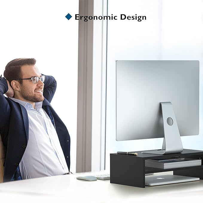 BONTEC Monitor Stand Riser, 2 Tiers Wood Monitor Riser Stand with Storage Organizer, Desktop Ergonomic Monitor Stand Riser with Cellphone Holder and Cable Management, 16.5 Inch Desk Shelf, Black