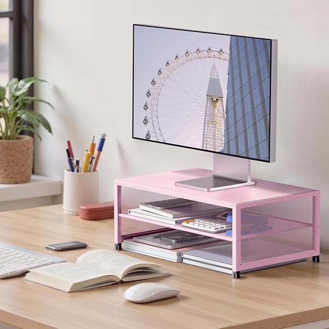 2-Tier Computer Monitor Stand Riser, Desk Organizer for Monitor, Printer & Laptop Stand, Desktop Workspace Organizers for Office Supplies(Pink)