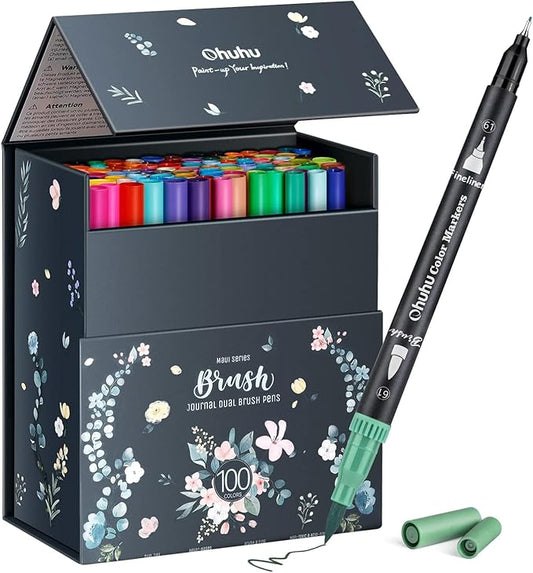 Ohuhu Markers for Adult Coloring Books No bleeding 100 Colors Coloring Markers Water-based Dual Tips Fineliner & Brush Drawing Pens Art Markers for Kids Adults Sketch Journal - Maui - Black