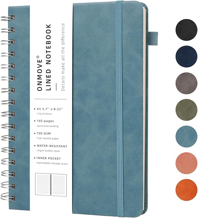 Lined Spiral Notebook Journal for Women Men 160 Pages A5 College Ruled Hardcover Leather with Pen Holder Notebook Journals for Note Taking Work Sky Blue