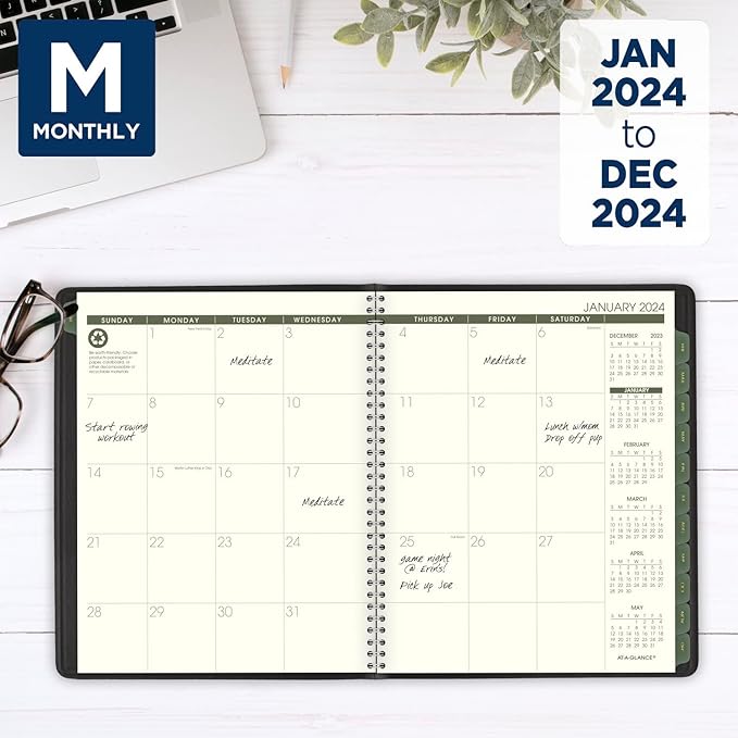 AT-A-GLANCE 2024 Weekly & Monthly Planner, Quarter-Hourly Appointment Book, 7" x 8-3/4", Medium, Recycled, Monthly Tabs, Black (70951G0524)