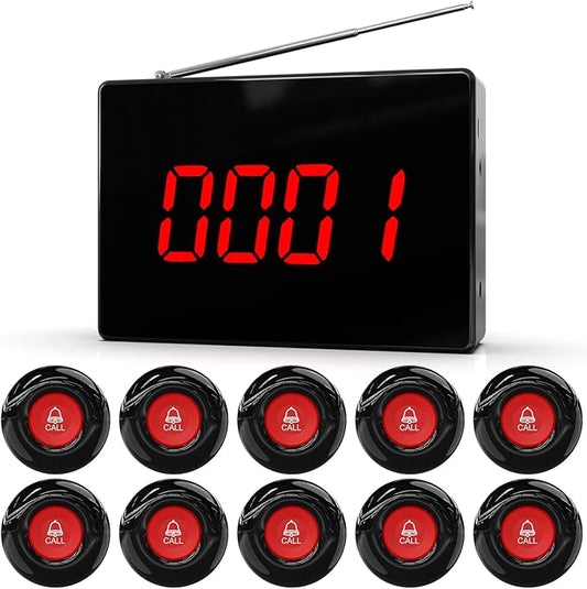 CallToU Wireless Calling System Caregiver Call Button Patient Call Bell with 10 Waterproof Nurse Alert Call Buttons and 1 Display Receiver for Clinic Nurses Station Restaurant Nursing Home