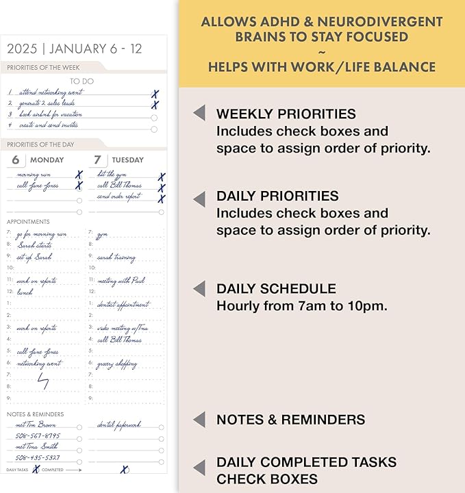 Essential PRO 2025 Daily, Weekly & Monthly Planner, 7"x9": 14 Months (Nov 2024 - Dec 2025) Monthly Tabs,Daily Tracking,Notes Pages,Storage Pocket,Bookmark w Sticky Notes (Teal Floral)