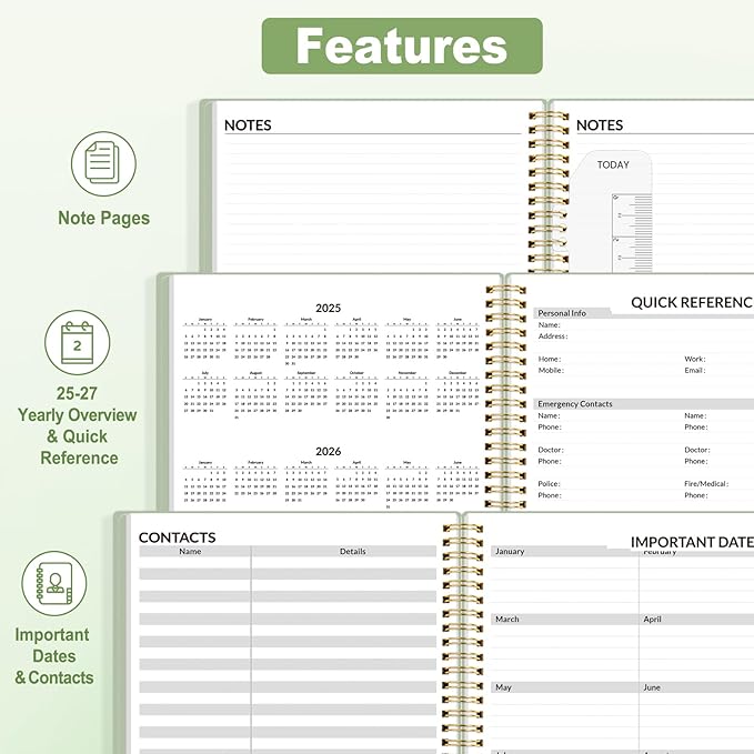 SUNEE 2025 Appointment Book, Quarter-Hourly, Weekly & Monthly - from January 2025 - December 2025, 8.5"x11" Weekly Planner, Flexible Cover, Note Pages, Pockets, Bookmark, Spiral Binding, Green