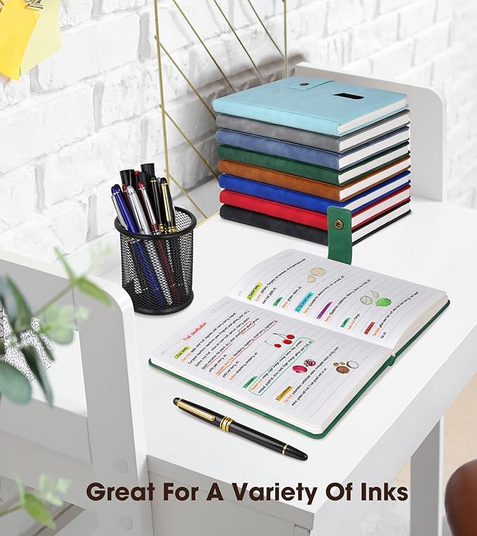 Green A5 Lined Leather Journal Notebook for Men Women,5.9" X 8.4" Personalized Hardcover Journal with Pen,200 Pages 100 Gsm Thick Ruled Paper Daily Diary for School,Travel,Work,Writing