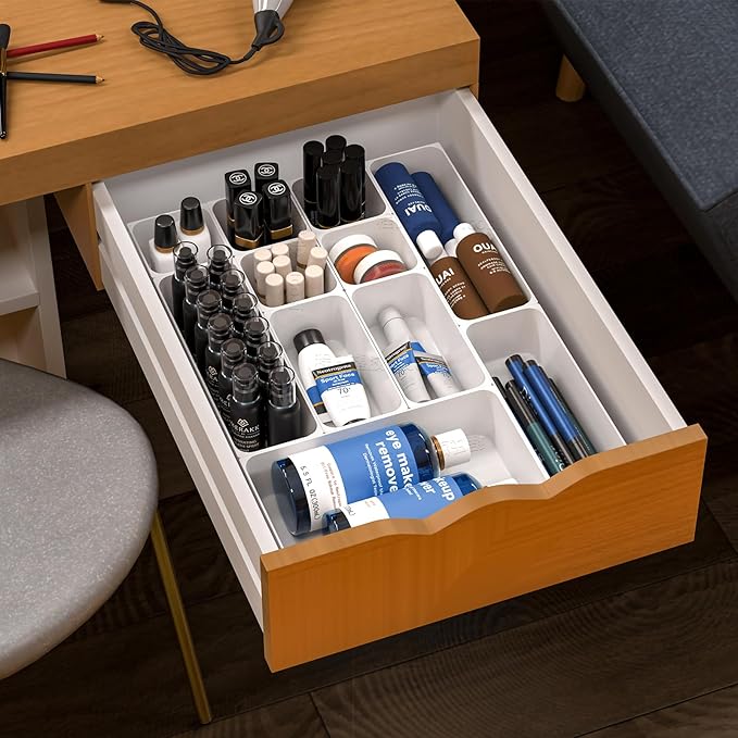 Home Edit 13-Piece Plastic Drawer Organizer Set with Non-Slip Silicone Pads, White - 5-Size Utility Tray and Storage Containers for Bathroom, Desk or Vanity Makeup Drawer