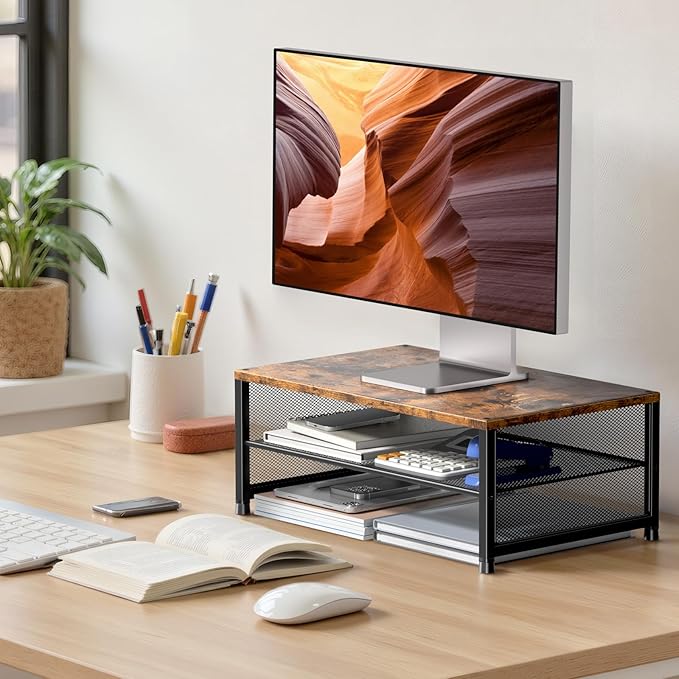 2-Tier Computer Monitor Stand Riser, Desk Organizer for Monitor, Printer & Laptop Stand, Desktop Workspace Organizers for Office Supplies(Brown)