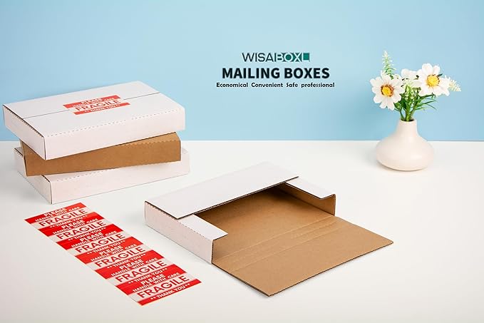 DVD Shipping Boxes 9"L x 6"W x 1.3"H Easy-Fold Small Box for Mailing, Storing, Package, Gifts, Crafts, Business or Home, with Fragile Stickers, White, 50-Pack