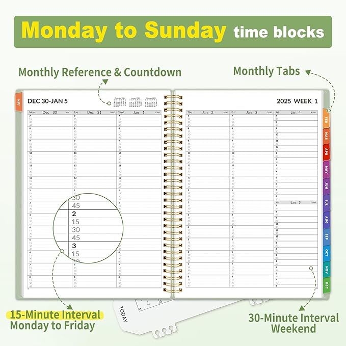 SUNEE 2025 Appointment Book, Quarter-Hourly, Weekly & Monthly - from January 2025 - December 2025, 8.5"x11" Weekly Planner, Flexible Cover, Note Pages, Pockets, Bookmark, Spiral Binding, Green