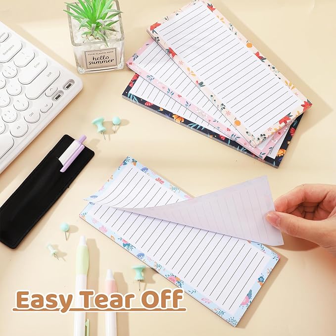 4 Pack Magnetic Note Pad for Fridge with Pen Holder, Totally 200 Sheets Magnetic To Do List, Shopping List, Grocery List, Memo Pads for Refrigerator（Flower Design）