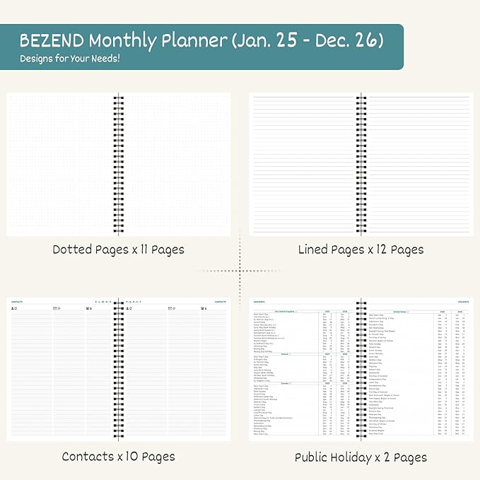 BEZEND 2 Year Monthly Planner 2025-2026 Medium Size 7" x 9" (Jan 2025 - Dec 2026) Spiral Calendar Book with Tabs, 120 GSM Thick Paper, Storage Pockets & Notes, PU Leather Softcover in Lavender