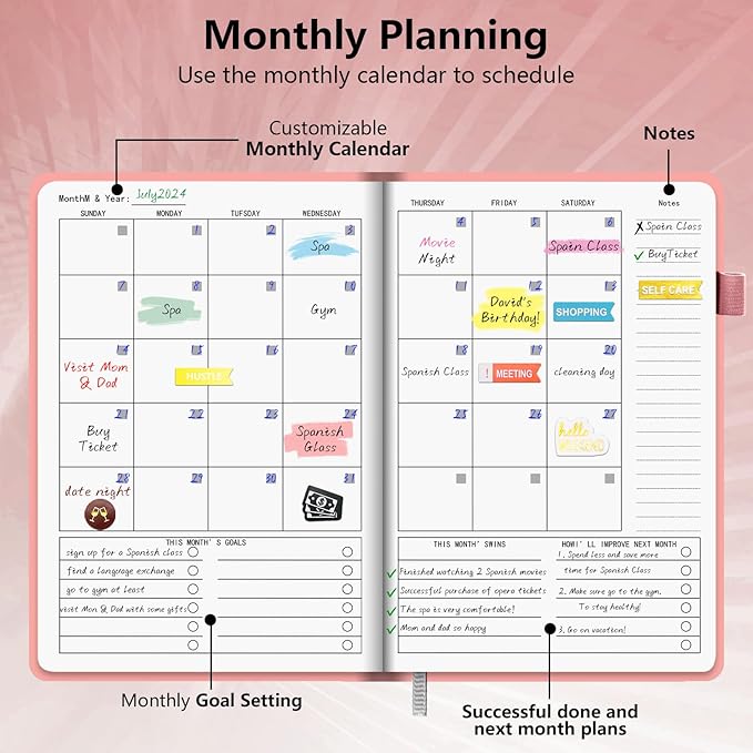Undated Weekly Monthly Planner, Weekly Monthly Hardcover Planner with Goal & Habit Tracker Organizer, A5 Daily Planner Notebook Leather Cover