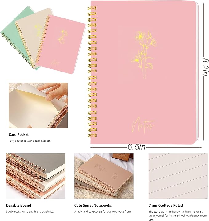 Spiral Notebook Journal For Women & Men College Ruled Notebook With Large Pockets And Lined Pages - Perfect to Stay Organized and Boost Productivity at Work or Note Taking (Pink)