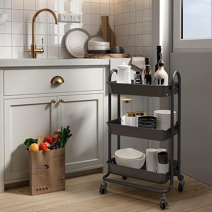 3-Tier Black Utility Rolling Cart,Kitchen Storage Carts with Wheels,Black Metal Rolling Cart for Office,Home,Kitchen,Garden（18"x11.4"x31.2"）