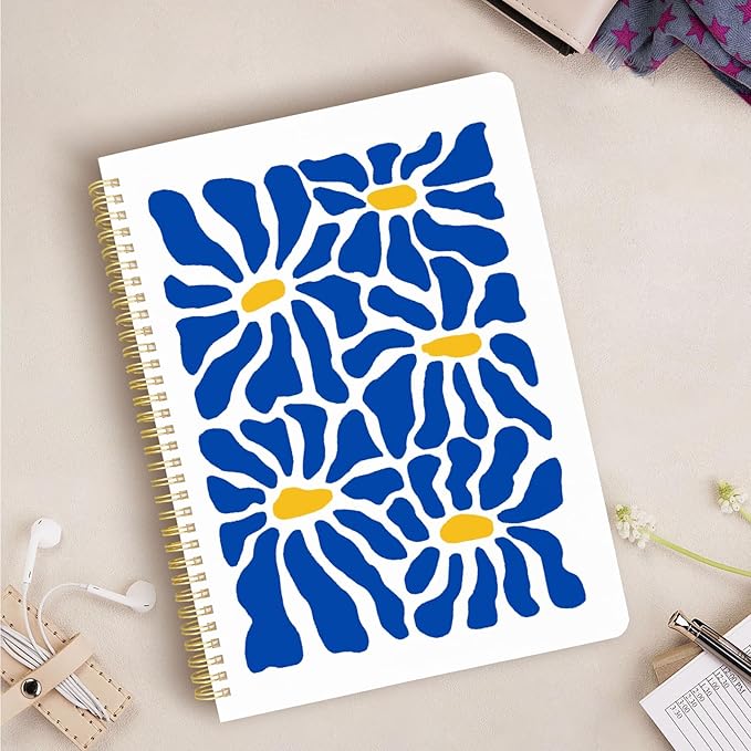 Cute Spiral Notebook journal A4 Aesthetic Pretty Design for Women Girls Kawaii with Pocket, 8.5 x 11 inch, Lined, Blue Flower