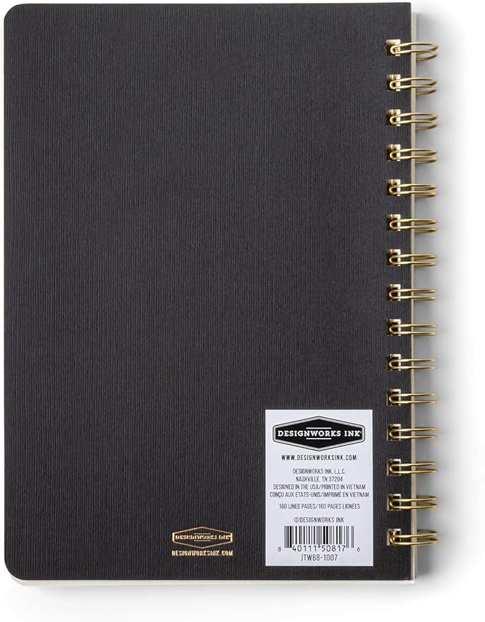 DesignWorks Ink 6" x 8.25" Black Textured Paper Twin Wire Spiral Notebook Journal with 160 Lined Pages for Work, Writing, Journaling