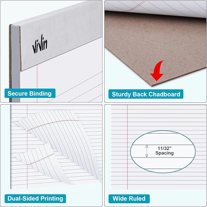 ViVin Legal Pads 8.5 x 11 Inch, Wide Ruled Note Pads, 6 Pack, 50 Sheet/Pad, Perforated Writing Pads, Notepads for Office Home School, 300 Sheets (6 Pack of 50), White Paper
