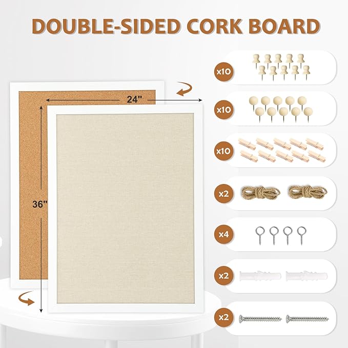 Double-Sided Large Cork Board with Linen, 36" x 24" Hanging Wood Framed Bulletin Board, Picture Display Vision Board Corkboards for Wall Room School Office Decor, 20 Pushpins,1pack