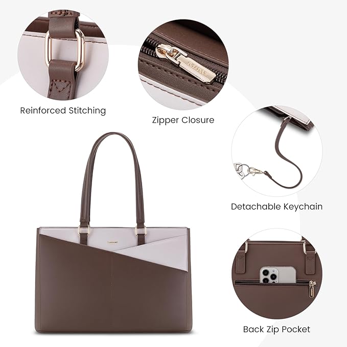 LOVEVOOK Laptop Tote Bag for Women, Office Work Bag Briefcase fit for 15.6 inch Laptop, Large Capacity Teacher Computer Bag Handbag Coffee/Beige