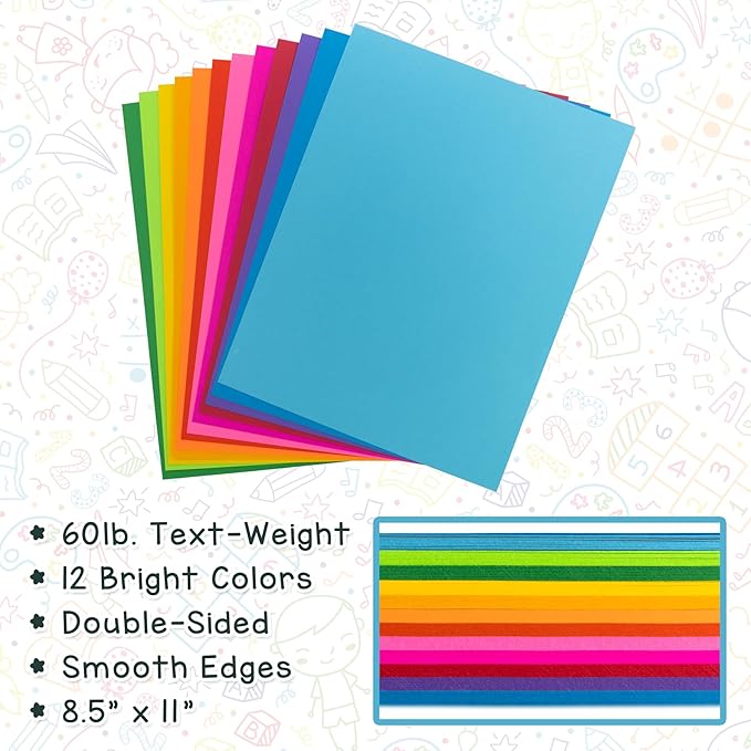 Hygloss Assorted Bright Colored Paper - 24 lb, 89 GSM, Acid-Free, Fade-Resistant, 8.5x11-Inch Letter Size Color Copy Paper, 96 Sheets, 12 Colors