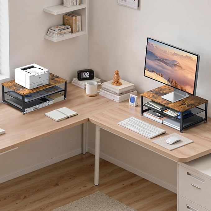 2-Tier Computer Monitor Stand Riser, Desk Organizer for Monitor, Printer & Laptop Stand, Desktop Workspace Organizers for Office Supplies(Brown)