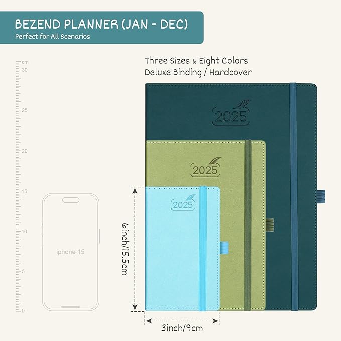 BEZEND Pocket Calendar 2025 for Purse 3.5" x 6", 2025 Pocket Planner Daily Weekly & Monthly with Pen Holder, Small Agenda 2025 with Vegan Leather Hard Cover - Dark Green