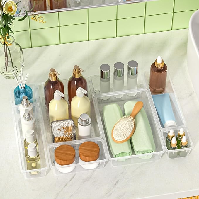 27 PCS Clear Plastic Drawer Organizers Set, 4-Size Versatile Bathroom and Vanity Drawer Organizer Trays, Storage Bins for Makeup, Bedroom, Kitchen Gadgets Utensils and Office