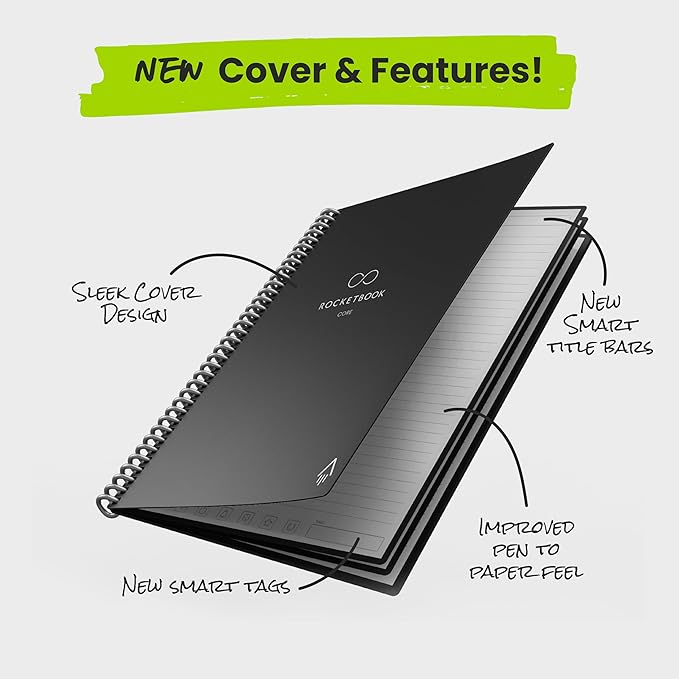 Rocketbook New Core Reusable Spiral Notebook, Executive Size 6x8.8, Black - Lined Pages, App-Connected, Erasable, Durable Cover, Ideal for School, Work, and Creative Projects (Pack of 1)