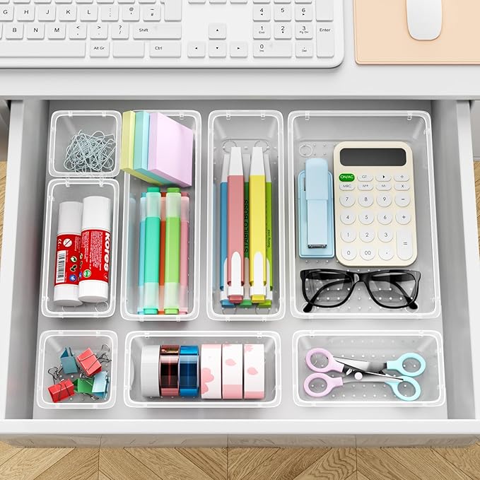 60 PCS Drawer Organizer Set, 4 Sizes Clear Plastic Makeup Vanity Organizer, Multi-Purpose Storage Bins for Makeup, Stationery, Gadgets, Kitchen, Bathroom, Office, Bedroom