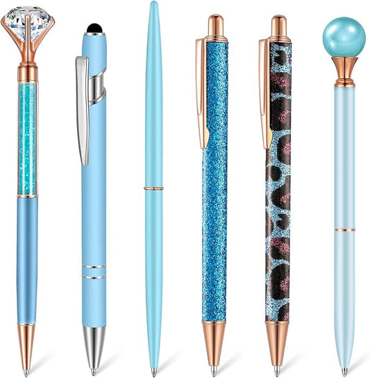 6 Pcs Ballpoint Pens Set Metal Crystal Diamond Pen for Journaling Glitter Pretty Cute Stationery Black Ink Fancy Gifts for Women Girls Teacher Office Wedding School Supplies(Blue Series)