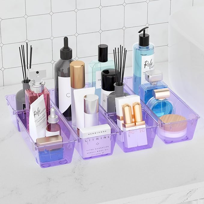 WOWBOX 12 Pack Clear Drawer Organizer Set, Acrylic Drawer Storage Trays, Storage Bins for Makeup, Cosmetics, Jewelries, Utensils, Gadgets, Office, Purple
