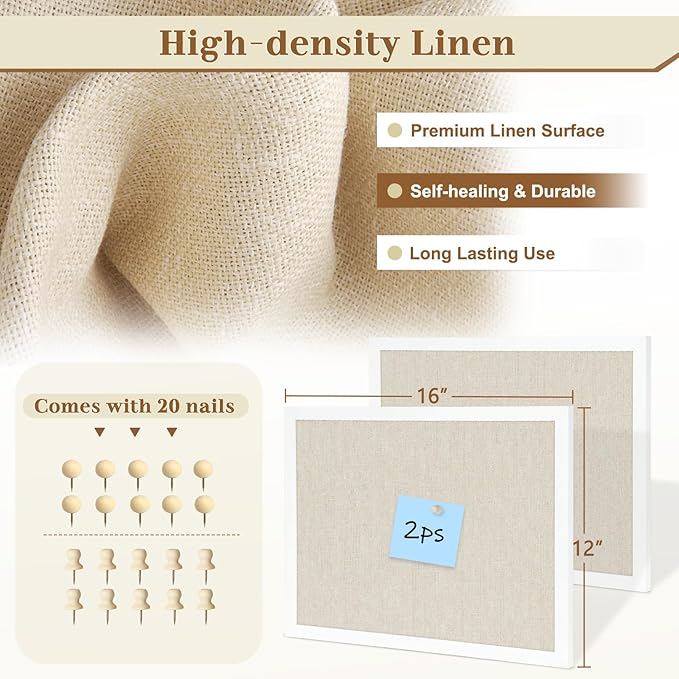 2-Pack Double-Sided Cork Board with Linen, 16" x 12" Hanging Wood Framed Bulletin Board, Picture Display Vision Board Kit Corkboards for Wall School Office Decor, 20 Pushpins (Vintage White)