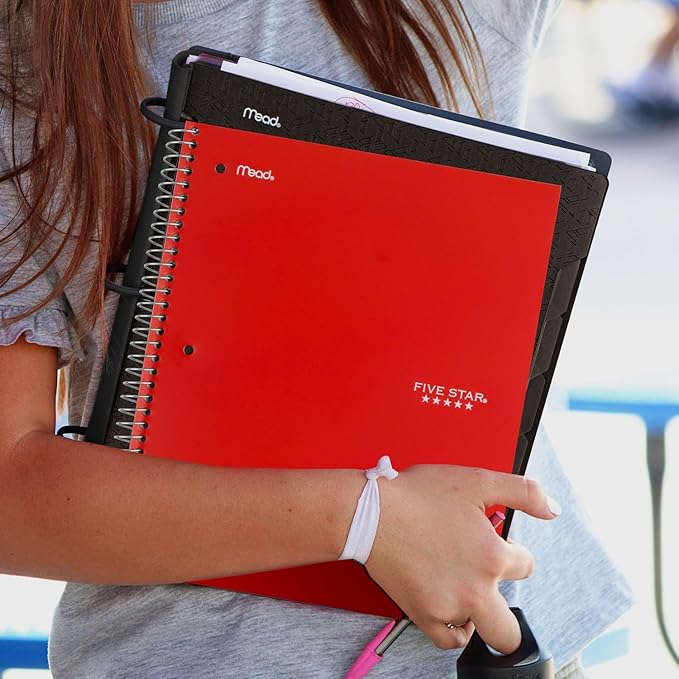 Five Star Spiral Notebook + Study App, 3 Subject, Wide Ruled Paper, 10-1/2" x 8", 150 Sheets, Red (72029)