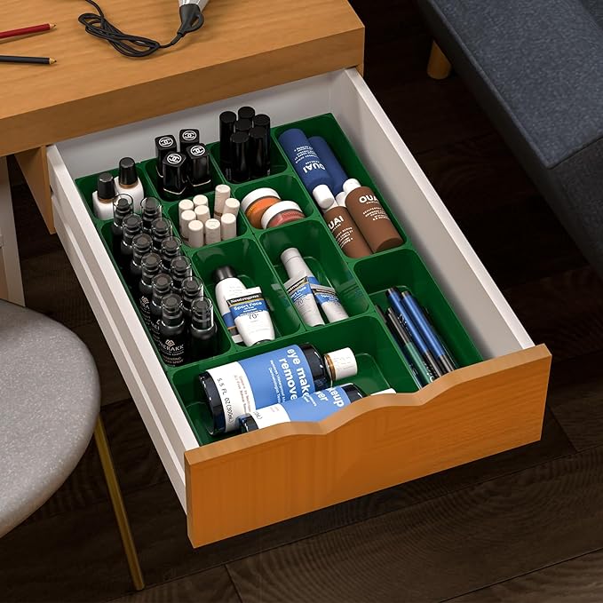 25 pc Plastic Drawer Organizer Set,4 Size Small Storage Containers for Organizing Jewelry,Utensil,Junk,Tea,Makeup,Shallow Drawer Organizers Tray Suitable for Office,Desk,Bathroom,Vanity,Kitchen,Green