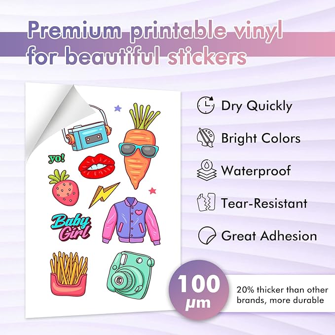 Koala Printable Vinyl Sticker Paper for Inkjet Printers - 100 Sheets Glossy White Water-Resistant Adhesive Label Paper - 8.5x11 Inch, Tear-Resistant, Removable
