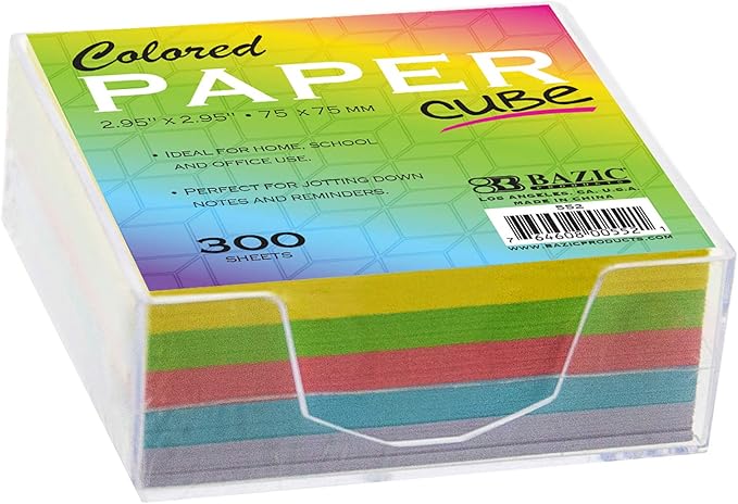 BAZIC Color Paper Cube w/Durable Tray, 3" X 3" 300 Count/Pack, Mini Memo Papers Pads Note Paper Reminders (Non Sticky), Assorted Colors, 36-Pack