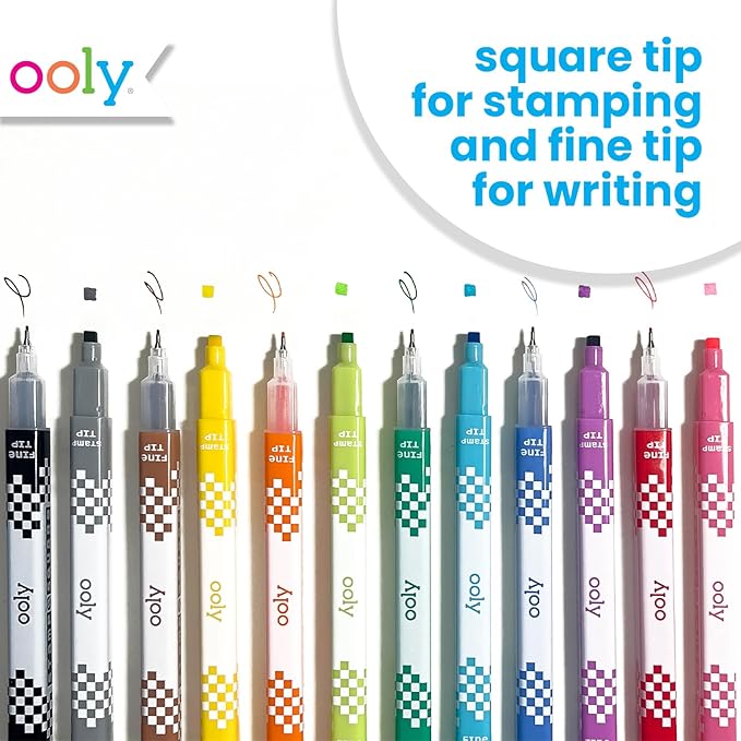 Ooly 12 Double-Sided Square Stamping Markers with a Square Stamp and 0.8mm Fine Point Tip on Each Side, Easter Activities for Kids, Ideal for Pixel Art, List Making and More