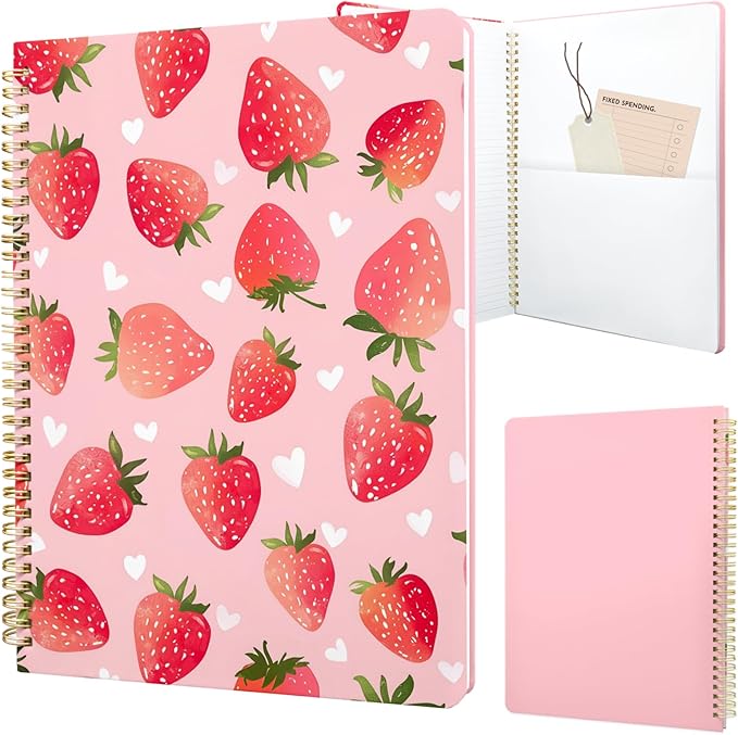 Cute Spiral Notebook journal A4 Aesthetic Pretty Design for Women Girls Kawaii with Pocket, 8.5 x 11 inch, Lined, Strawberry