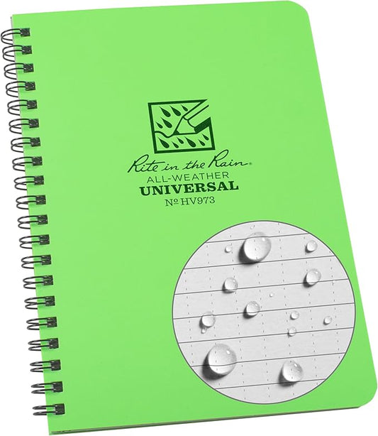 Rite in the Rain Weatherproof Side Spiral Notebook, 4.625" x 7", Hi Vis Green Cover, Universal Pattern (No. HV973)
