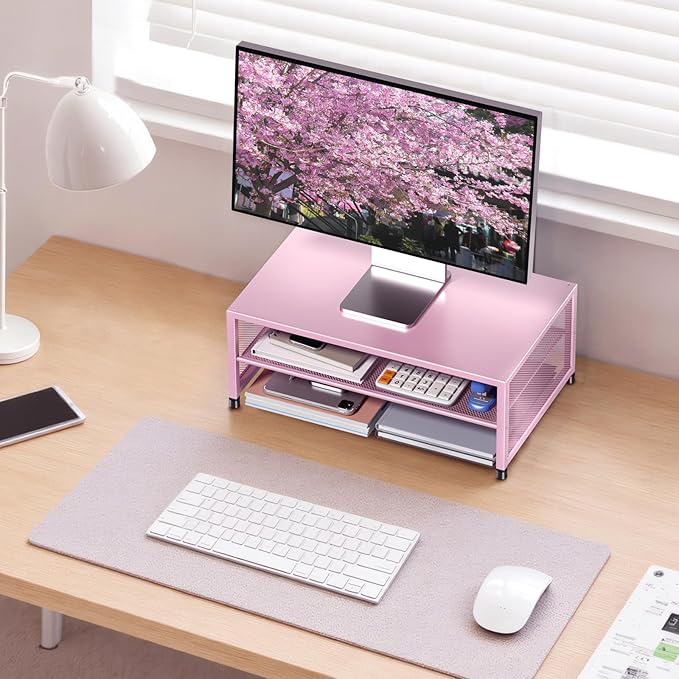 2-Tier Computer Monitor Stand Riser, Desk Organizer for Monitor, Printer & Laptop Stand, Desktop Workspace Organizers for Office Supplies(Pink)
