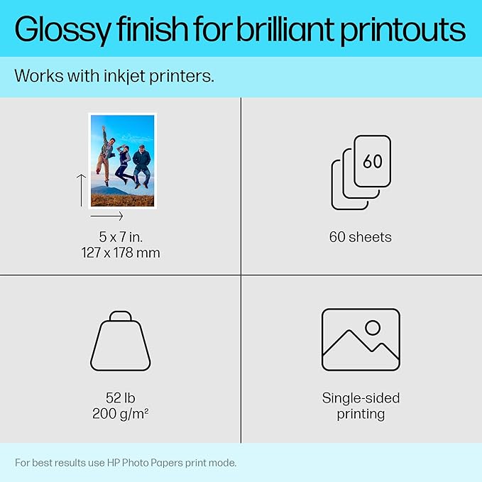 HP Everyday Photo Paper, Glossy, 5x7 in, 60 sheets (CH097A)