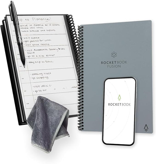 Rocketbook Fusion Reusable Undated Productivity Planner, Executive Size 6x8.8, Gray - Goals, Monthly and Weekly Calendar, Daily To-do List, Lined and Dotted Notes Pages