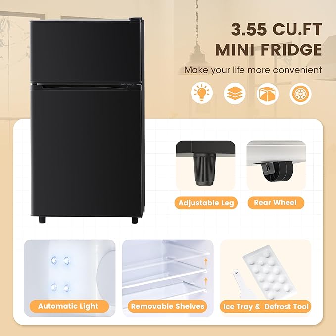 Manastin 3.55 Cu.Ft Mini Fridge with Freezer, Small Refrigerator with 2 Doors for Kitchen, Dorm, Office and Bedroom, Mini Refrigerator with Adjustable Shelves (Black)
